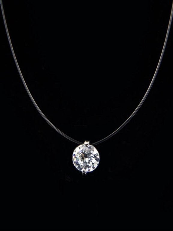 Solitaire Pendant Necklace With Clear Rhinestone On Silver-Tone Invisible Cord