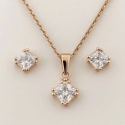 Solitaire Pendant & Stud Earring Set 14K Rose Gold Plated 2Ct Princess Cut Simulated Diamond