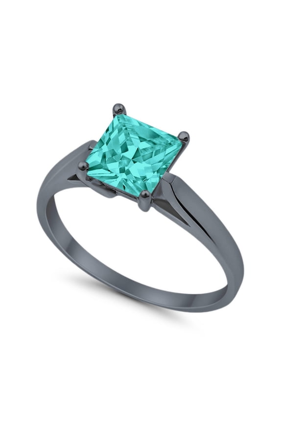 Solitaire Princess Cut Ring Black Tone Paraiba Tourmaline CZ 925 Sterling Silver Ring Size 10