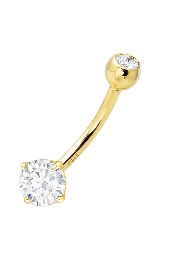 Solitaire Prong 5mm 0.57cttw Moissanite Solid 14K Yellow Gold Belly Button Ring, 14G Banana Barbell, Navel Piercing Jewelry 14KBR002-5YG