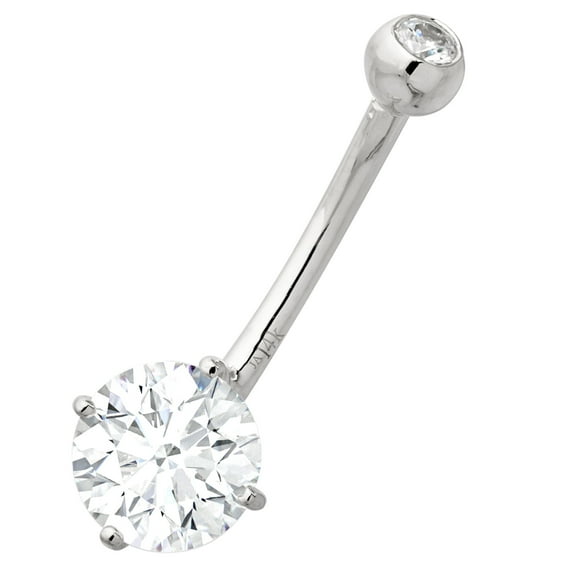 Solitaire Prong 7mm 1.17cttw Moissanite Solid 14K White Gold Belly Button Ring, 14G Banana Barbell, Navel Piercing Jewelry 14KBR002-7WG