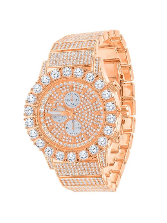 Solitaire Prong Simulated Diamond 18K Rose Gold Finish 5 ATM Water Resistant Solid Stainless Steel Back Mens Pave Metal Watch W/Date Function