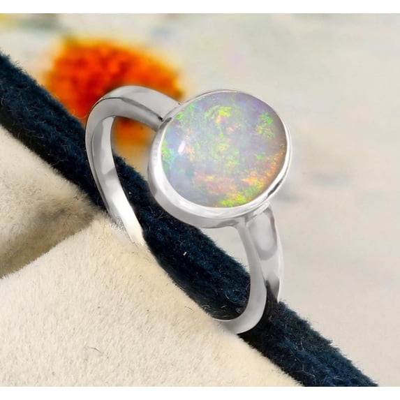Solitaire Ring Nature Opal Ring Engagement Ring Oval Cut White Color Gemstone Ring Sterling Silver Ring
