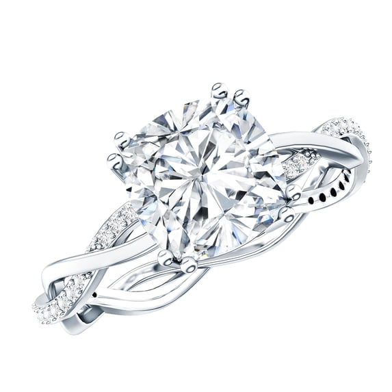 Rosec Jewels Moissanite Cushion Cut Solitaire Ring for Engagement - 8 mm - Braided Ring - 3 Ct - D-VS1 Grade Certified, 10K White Gold, US 9.00