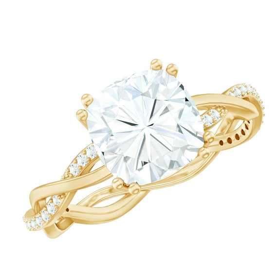 Rosec Jewels Moissanite Cushion Cut Solitaire Ring for Engagement - 8 mm - Braided Ring - 3 Ct - D-VS1 Grade Certified, 14K Yellow Gold, US 6.00