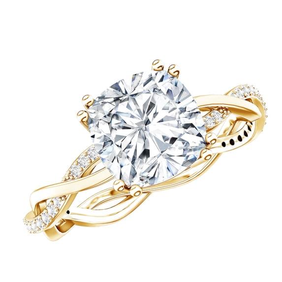 Rosec Jewels Moissanite Cushion Cut Solitaire Ring for Engagement - 8 mm - Braided Ring - 3 Ct - D-VS1 Grade Certified, 18K Yellow Gold, US 8.00
