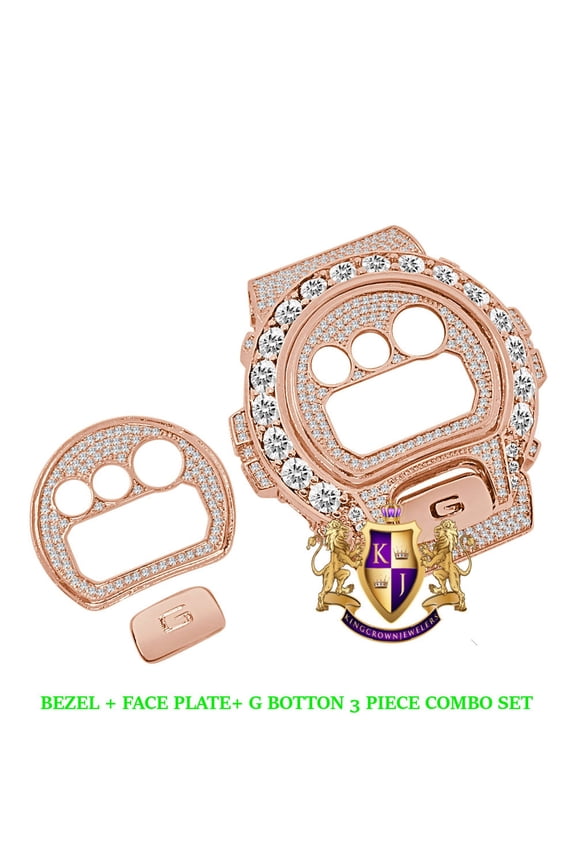 Solitaire Rose Gold Finish G Shock DW-6900 Simulated Diamond Watch Custom Cover Case Face Plate + Bezel + G Button 3 Piece Set