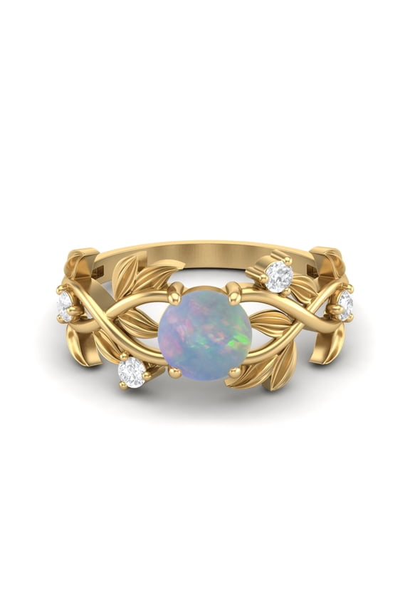 Solitaire Round 6mm Opal Gemstone 925 Sterling Silver Gold Vermeil Cocktail Women Valentines Day Gifts Ring