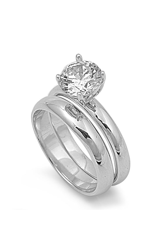 Solitaire Round Cubic Zirconia Wedding Set Ring Sterling Silver 925