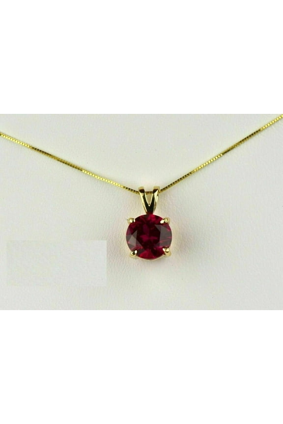 Solitaire Round Cut Red Ruby Pendant Necklace In 14K Yellow Gold Plated Silver 18"