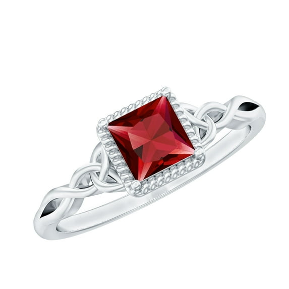 Rosec Jewels Real Ruby Promise Ring for Women (5 mm) - Celtic Knot Ring - AAA Grade July Birthstone - Ready to Gift for Valentines, 14K White Gold, US 7.50