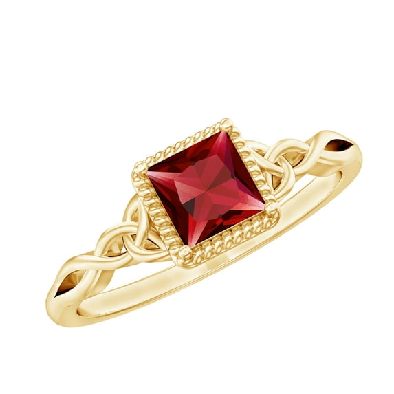 Rosec Jewels Real Ruby Promise Ring for Women (5 mm) - Celtic Knot Ring - AAA Grade July Birthstone - Ready to Gift for Valentines, 14K Yellow Gold, US 11.00