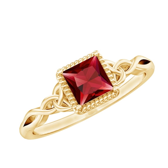 Rosec Jewels Real Ruby Promise Ring for Women (5 mm) - Celtic Knot Ring - AAA Grade July Birthstone - Ready to Gift for Valentines, 18K Yellow Gold, US 4.00