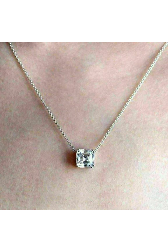 Solitaire Shape 2Ct Asscher Cut Lab Created Diamond Pendant 14K White Gold Plated Free Chain