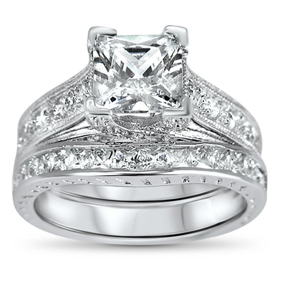 Solitaire Simulated Diamond CZ Wedding Engagement Ring Set Princess Square Silver Bridal Set Size 5