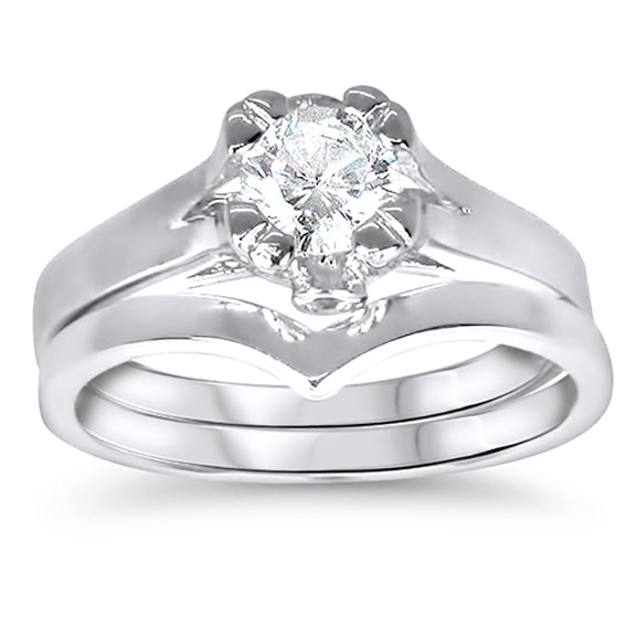 Solitaire Simulated Diamond CZ Wedding Engagement Ring Set Round Silver Bridal Set Size 6