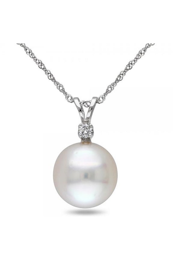 Solitaire South Sea Pearl Pendant Necklace w/ diamond 14k W. Gold 10mm
