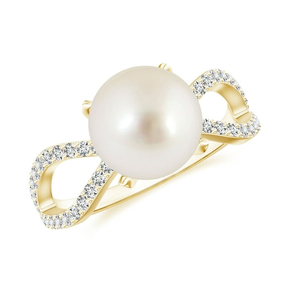 Solitaire South Sea Pearl Ring in Yellow Gold Plated / 925 Sterling Silver Moissanite Split Shank Ring for Wedding Anniversary June Birthstone Jewelry, 8MM Ring Size: 5