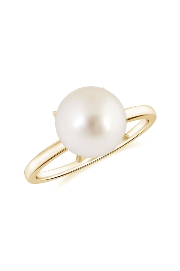 Solitaire South Sea Pearl Ring in Yellow Gold Plated / 925 Sterling Sliver Women's Statement Ring for Wedding Anniversary June Birthstone Jewelry, 8MM Ring Size:5