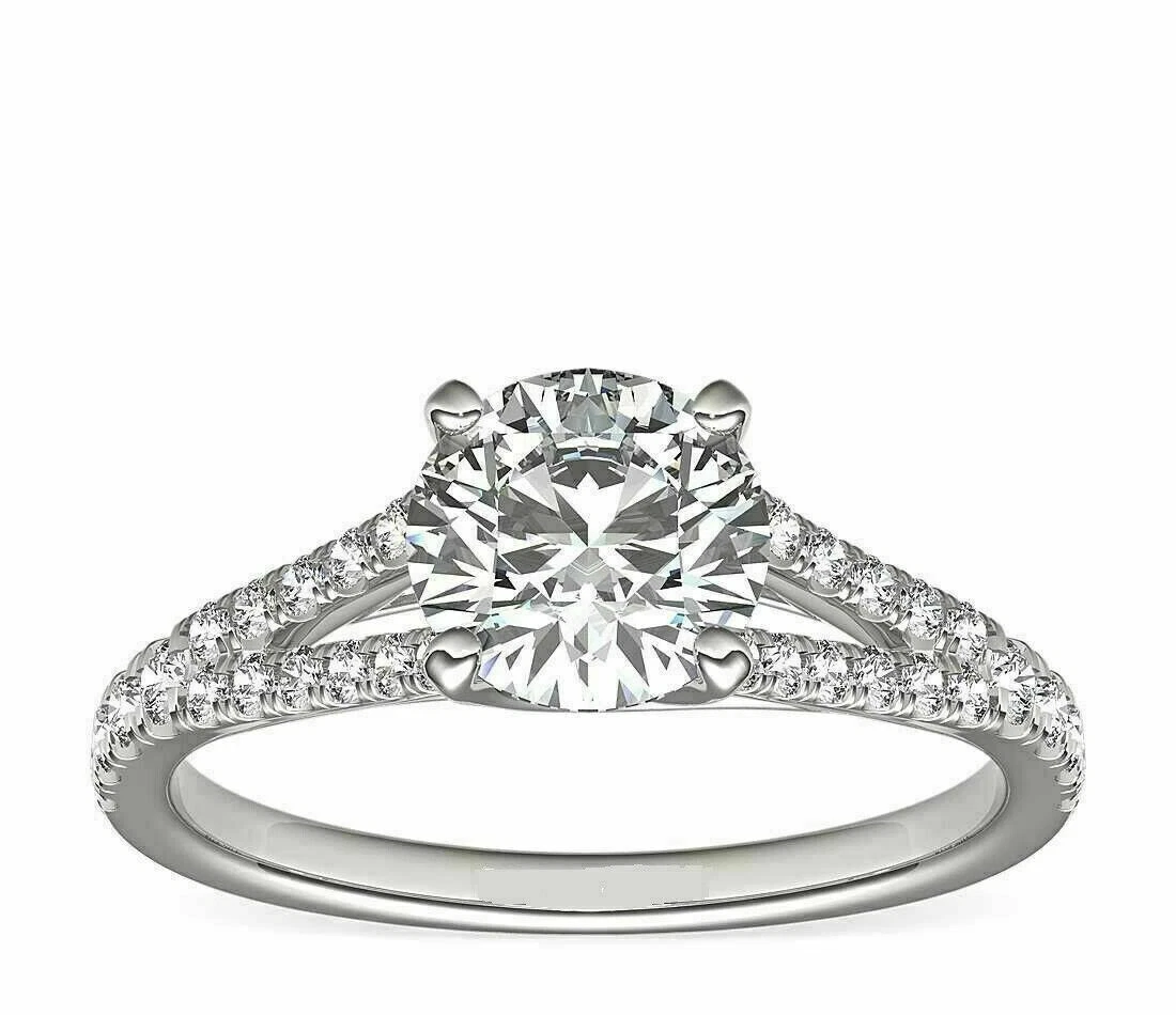 Solitaire With Split Shank Diamond Ring, 14K White Gold Plated, Round ...