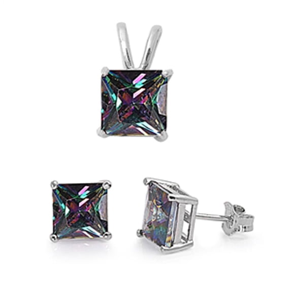 Solitaire Square Princess Cut Earrings Multi-color CZ .925 Sterling Silver Pendant Set Female