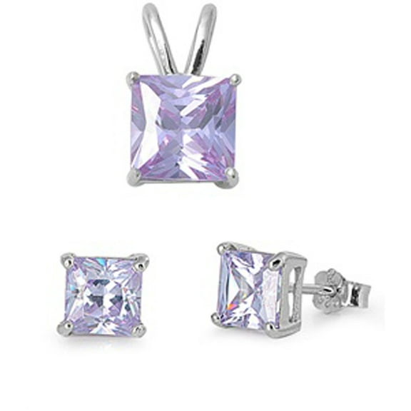 Solitaire Square Princess Cut Earrings Simulated Lavender .925 Sterling Silver Pendant Set Jewelry Female
