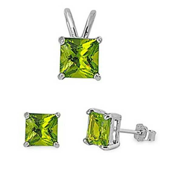 Solitaire Square Princess Cut Earrings Simulated Peridot .925 Sterling Silver Pendant Set Jewelry Female