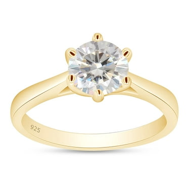 AFFY 1 Carat 6.5MM Round Moissanite Diamond Solitaire Engagement Ring for Women 14K Yellow Gold over Silver-6.5