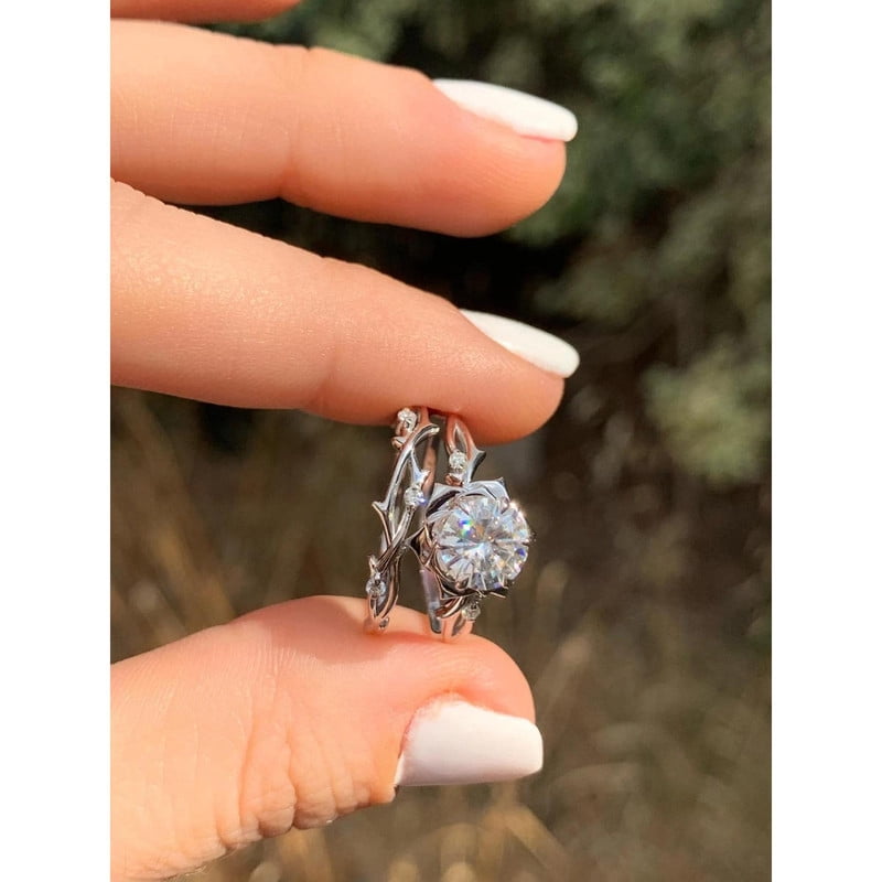 Solitaire Twig & Vine Design Women Bridal Ring Set for Engagement In 925 Silver 14K White Gold Over