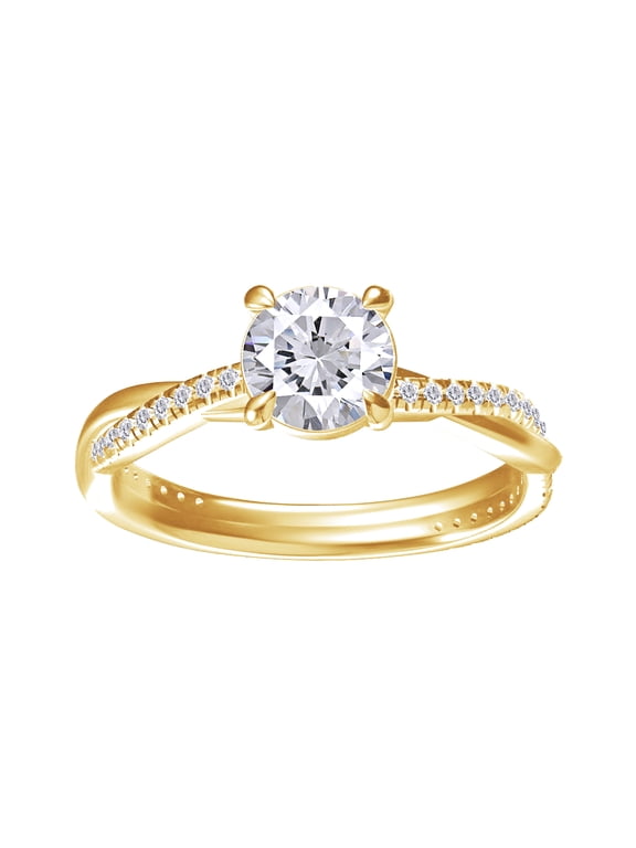 Solitaire Twisted Engagement Rings, Center 6MM Round Moissanite Diamond Rings For Women In 14k Yellow Gold Over Sterling Silver, Stackble Promise Bridal Rings For Her (1.00 Ctw) Ring Size-6.5