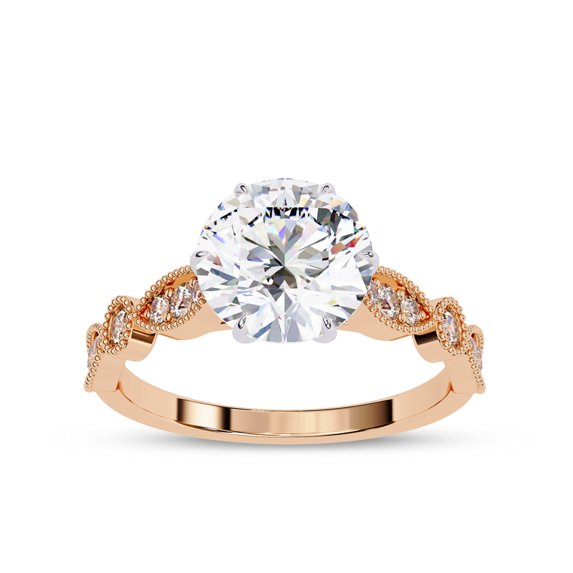 Solitaire Wedding Engagement Ring for Women | Center 8mm Round Cut Lab Created Moissanite Beaded Stackable Band Promise Rings in 10K Solid Rose Gold Jewelry Gift for Her, Size 10