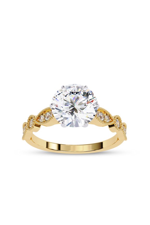 Solitaire Wedding Engagement Ring for Women | Center 8mm Round Cut Lab Created Moissanite Beaded Stackable Band Promise Rings in 10K Solid Yellow Gold Jewelry Gift for Her, Size 9