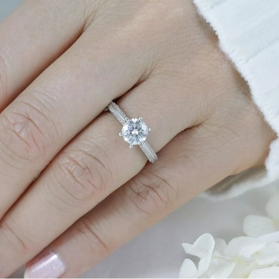 Solitaire With Accents 14K White Gold Plated 2Ct Round Cut Lab-Created Diamond Women's Engagement Ring