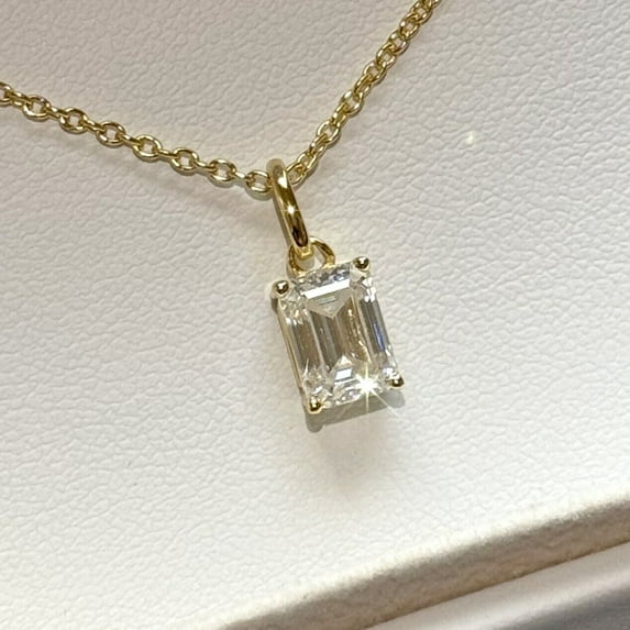 Solitaire Women's Pendant 3Ct Emerald Cut Diamond 1K Yellow Gold Plated 925 Silver Free Chain 18"