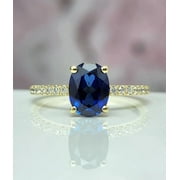 SHIFA JEWELS Solitaire Women's Weddings Ring 14K Yellow Gold Plated 2Ct Oval Cut Simulated Blue Sapphire Solid 925 Sterling Silver