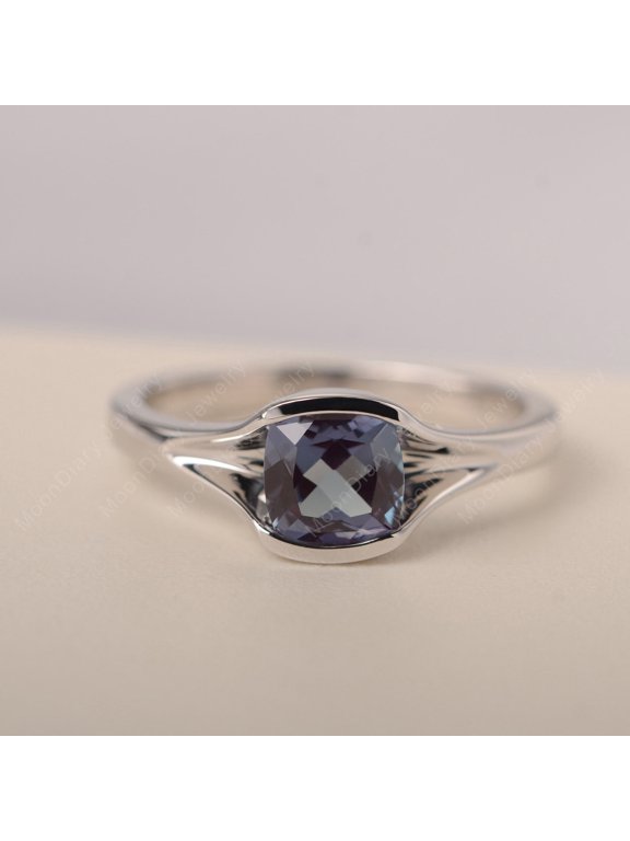 Solitaire ring half bezel setting alexandrite ring engagement ring cushion cut June birthstone