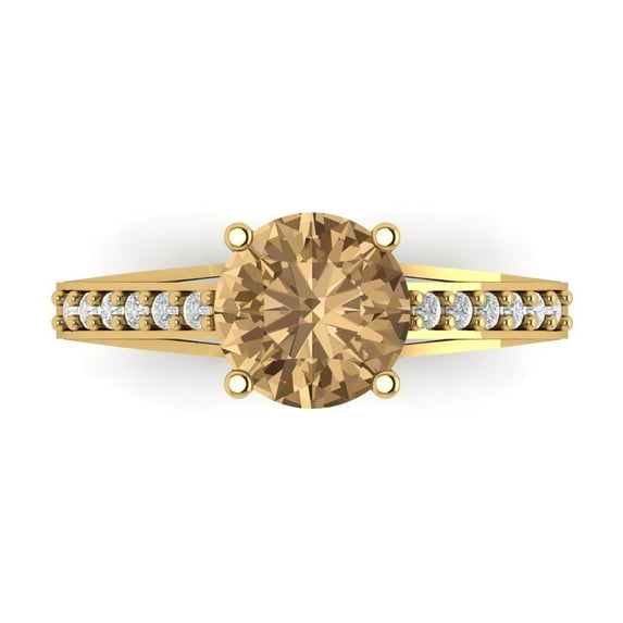 2.21 cttw Simulated Champagne Diamond 14K Yellow Gold Engagement Ring for Women - 8.0mm Round Cut - Solitaire with Accents Solid Gold