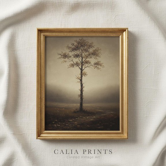 Solitary Autumn Tree Fog Botanical Unframed Paper Print