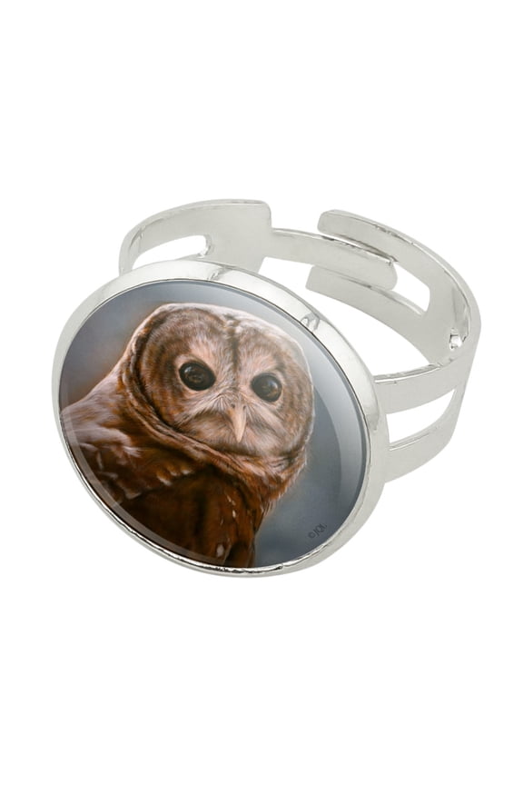 Solitary Barred Owl Silver Plated Adjustable Novelty Ring