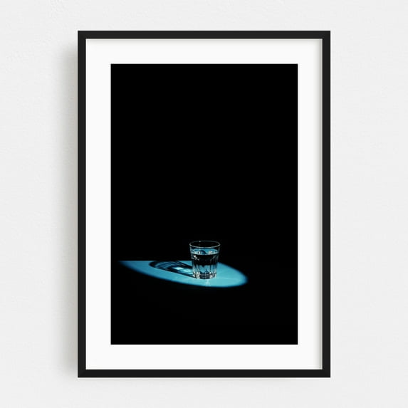Solitary Glass Spotlight - Photography Minimalist Water Moody Night Sky Kitchen Decor Abstract Black Framed Wall Art Print 16 x 24 inches