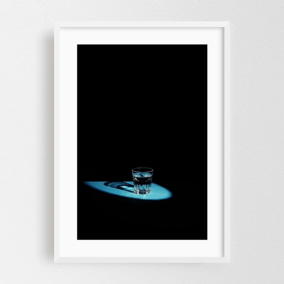 Solitary Glass Spotlight - Photography Minimalist Water Moody Night Sky Kitchen Decor Abstract White Framed Wall Art Print 5 x 7 inches