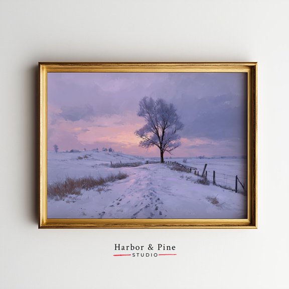 Solitary Leafless Tree Snowy Field Calm Winter Landscape, UNFRAMED Size 16x16