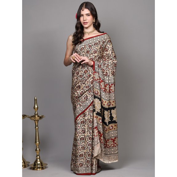 Solitary-Star Modal Silk Kalamkari Saree with Printed Floral Jali pattern Pattern from Telangana