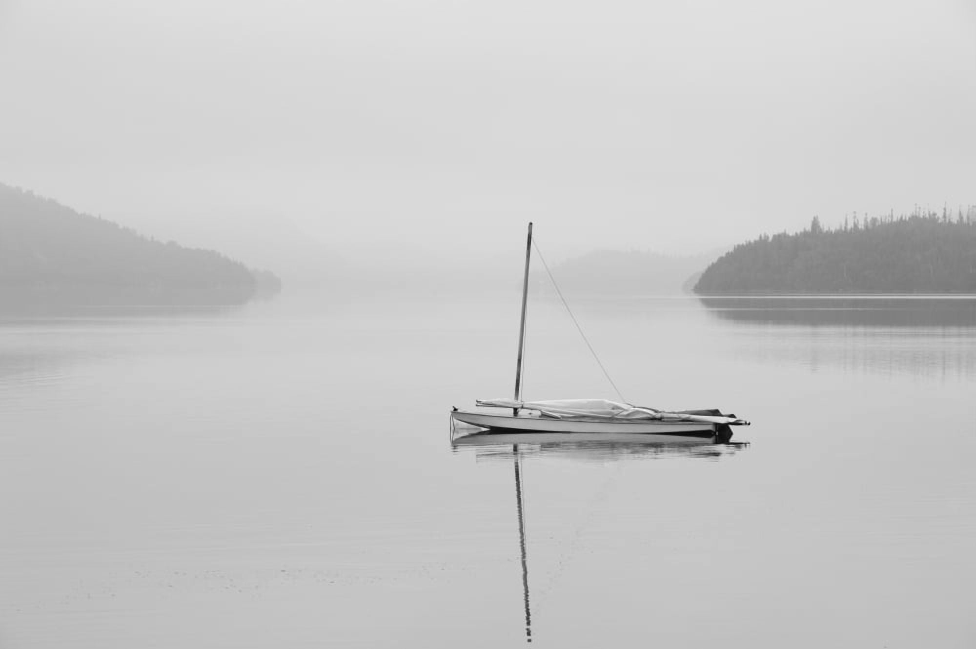 Solitary sailboat reflected in a misty calm lake Ontario Canada Canvas Art - James Smedley Design Pics (38 x 24)