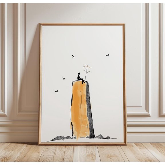 Solitude Figure Poster | Minimal Cliff Line Art Print | Calm Inspirational Wall Decor, Poster Only