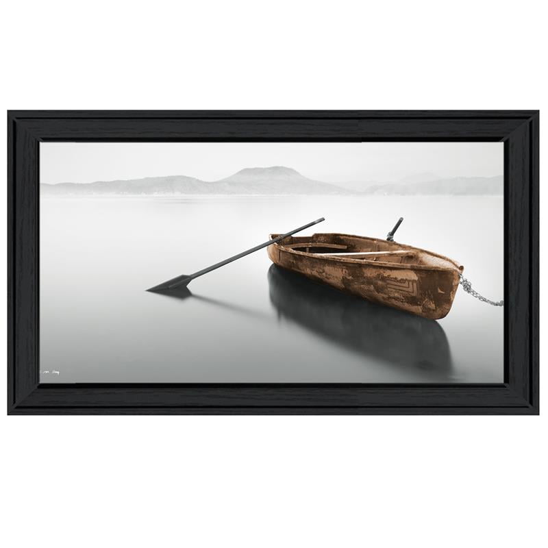 Solitude Black Frame Canvas Print with Brown Row Boat