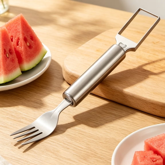 Solivara 2 In 1 Stainless Watermelon Cutter With Fork Head Round Handle Fruit Cube Slicer Tool For Home Kitchen Picnic (Silver*2,9.25*0.98in)