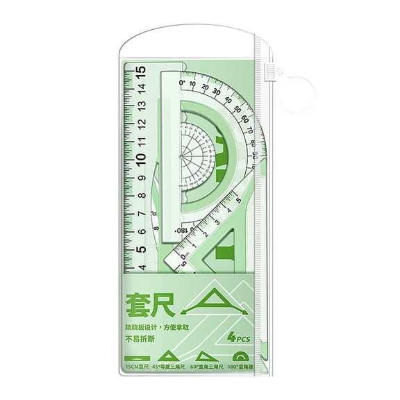 Solivara 4-Piece Clear Plastic Geometry Set With Protractor Triangles Slip-Resistant Ruler Kit For Drawing Measuring Home Office School,Green,7.68*3.46 in