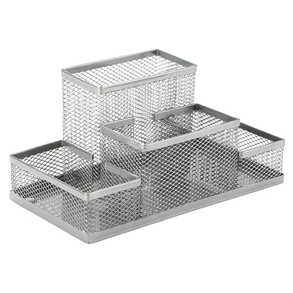 Solivara Desk Organizer And Mesh Pen Holder, 4 Compartment Black Metal Desk Caddy For Pencils Scissors And Office Supplies(Silver,4.09*8.03*3.82in)