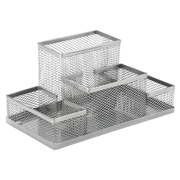 Solivara Desk Organizer And Mesh Pen Holder, 4 Compartment Black Metal Desk Caddy For Pencils Scissors And Office Supplies(Silver,4.09*8.03*3.82in)